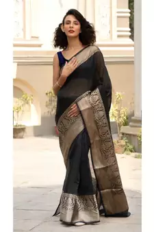 black Banarsi Linen Saree with blouse piece
