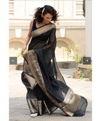black Banarsi Linen Saree with blouse piece 3
