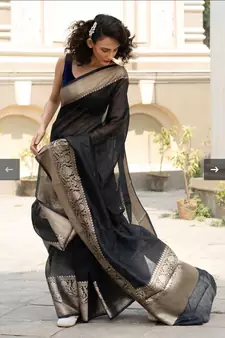 black Banarsi Linen Saree with blouse piece