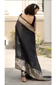 black Banarsi Linen Saree with blouse piece