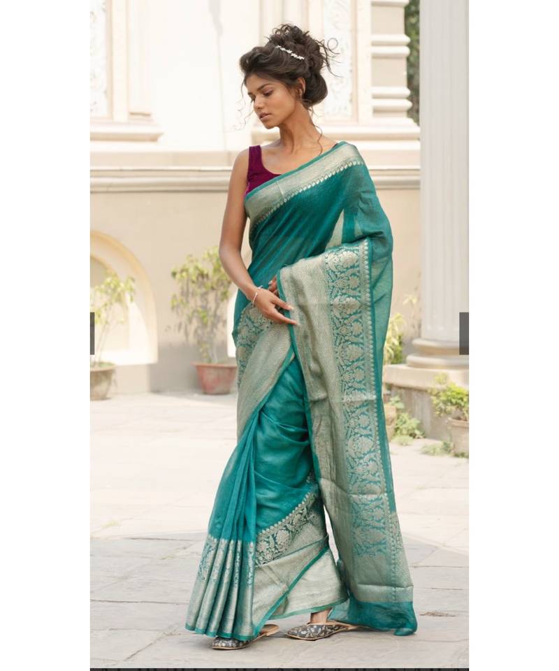 green Banarsi Linen Saree with blouse piece