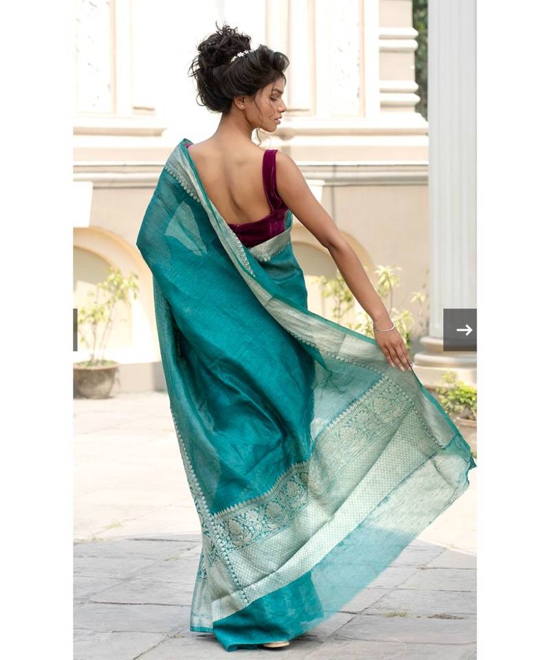 green Banarsi Linen Saree with blouse piece