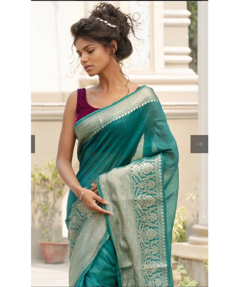 green Banarsi Linen Saree with blouse piece