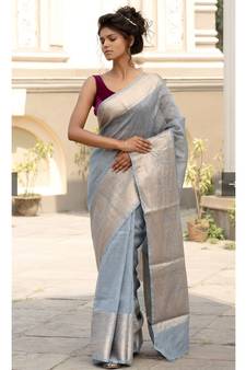 grey Banarsi Linen Saree with blouse piece