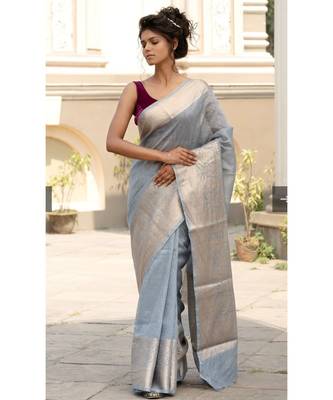 grey Banarsi Linen Saree with blouse piece 1