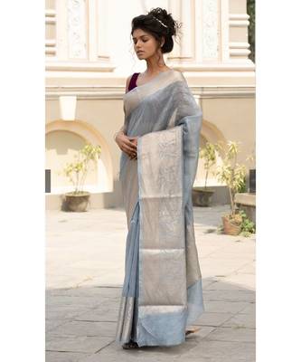 grey Banarsi Linen Saree with blouse piece 2