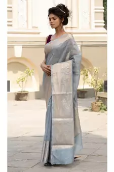 grey Banarsi Linen Saree with blouse piece