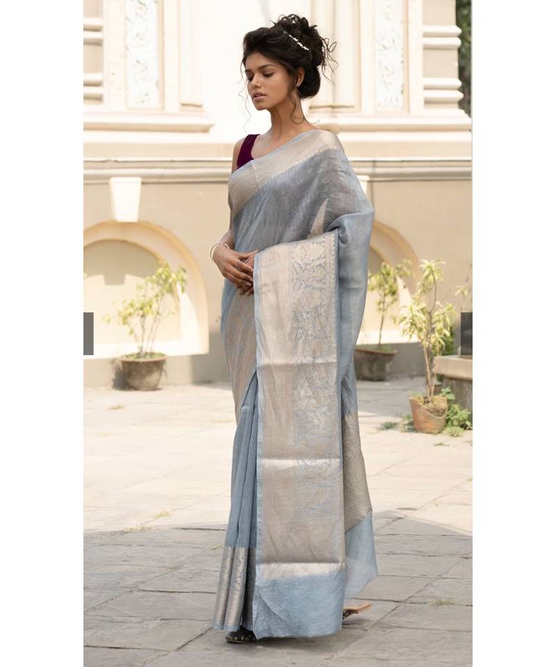 grey Banarsi Linen Saree with blouse piece