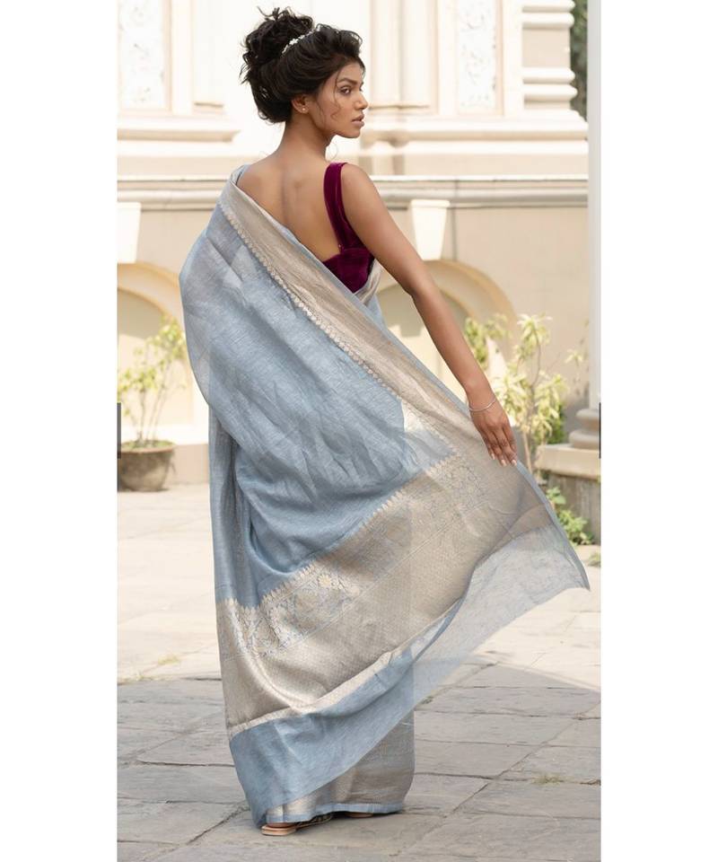 grey Banarsi Linen Saree with blouse piece