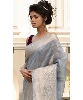 grey Banarsi Linen Saree with blouse piece 4