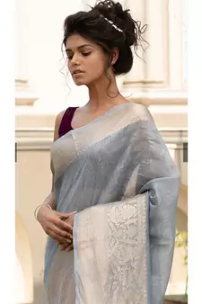 grey Banarsi Linen Saree with blouse piece