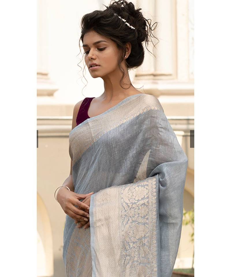 grey Banarsi Linen Saree with blouse piece