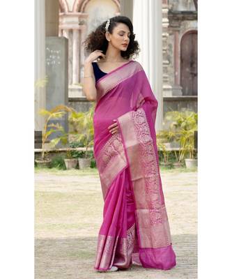 magenta Banarsi Linen Saree with blouse piece 1