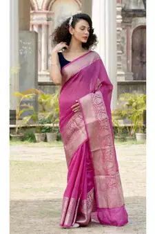magenta Banarsi Linen Saree with blouse piece