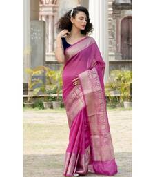 magenta Banarsi Linen Saree with blouse piece
