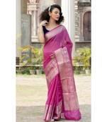 magenta Banarsi Linen Saree with blouse piece
