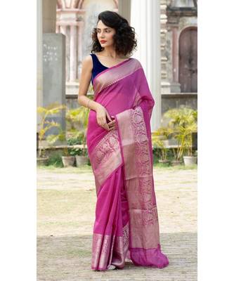 magenta Banarsi Linen Saree with blouse piece 2