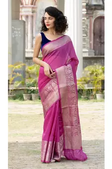 magenta Banarsi Linen Saree with blouse piece