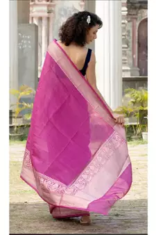 magenta Banarsi Linen Saree with blouse piece