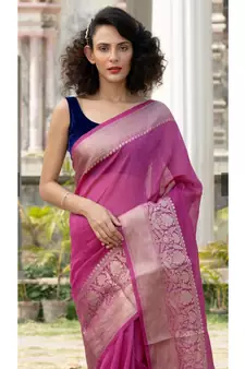 magenta Banarsi Linen Saree with blouse piece