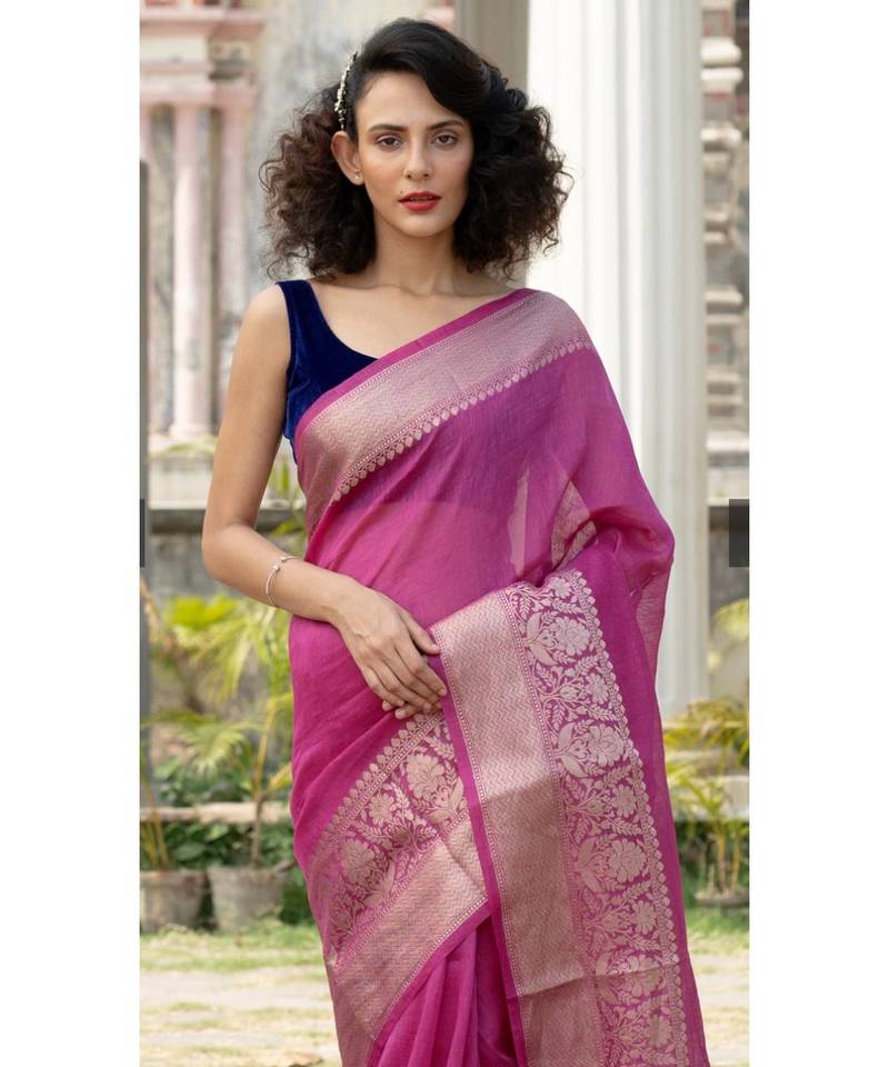magenta Banarsi Linen Saree with blouse piece
