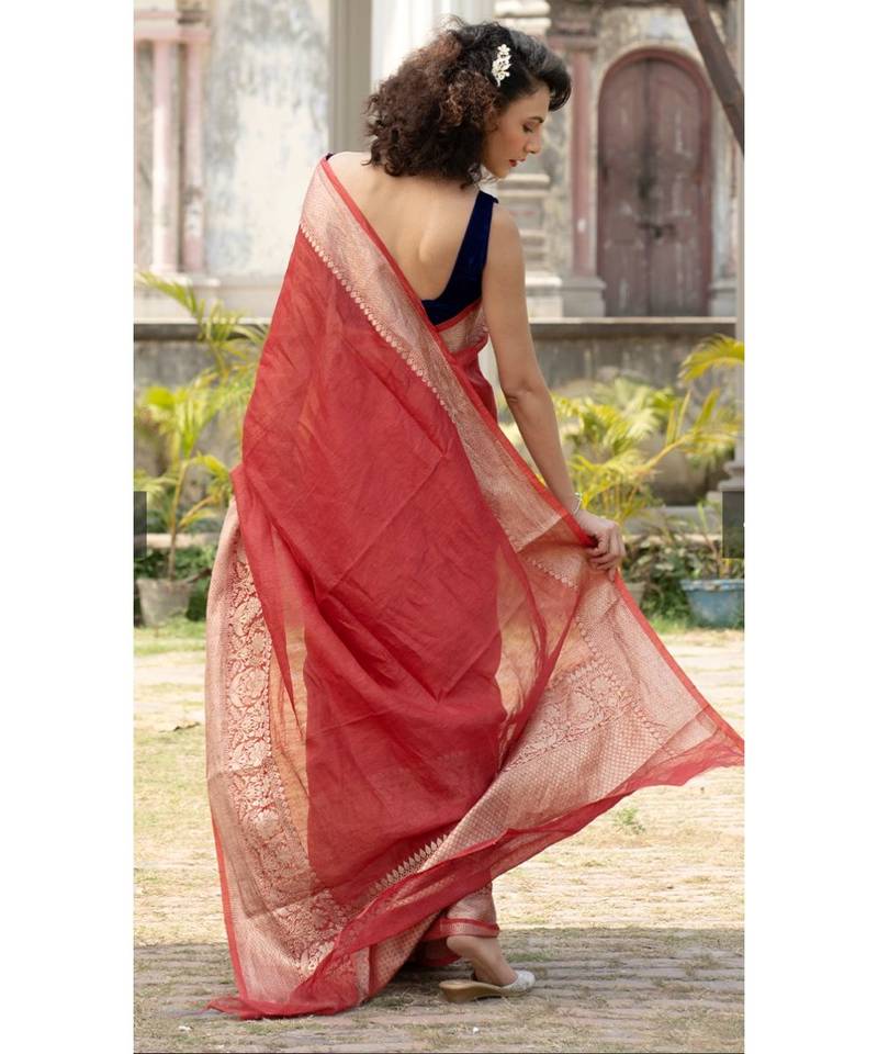 maroon Banarsi Linen Saree with blouse piece