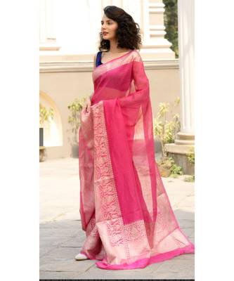 pink Banarsi Linen Saree with blouse piece 1