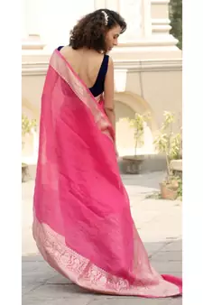 pink Banarsi Linen Saree with blouse piece