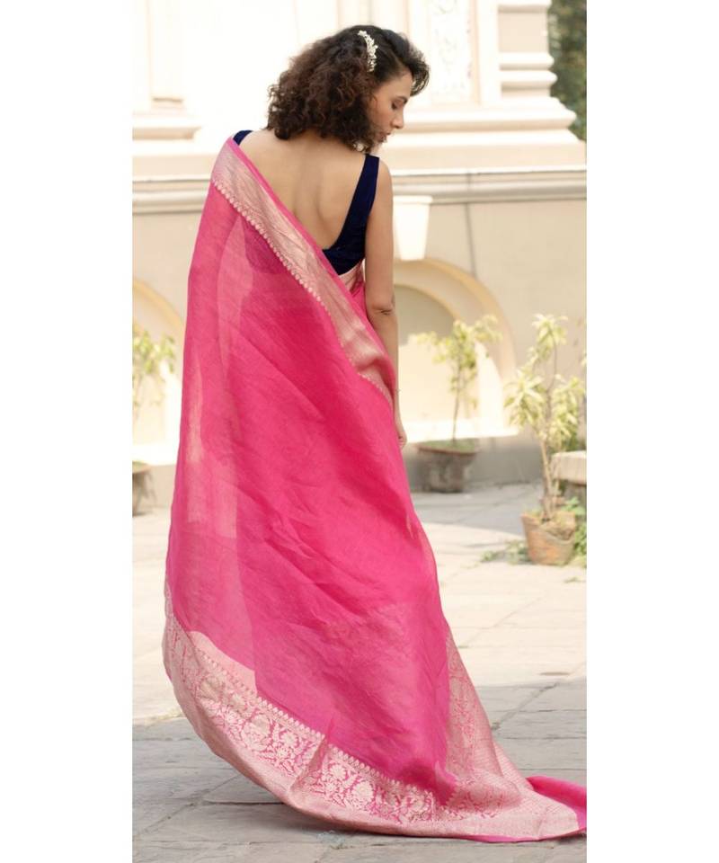 pink Banarsi Linen Saree with blouse piece