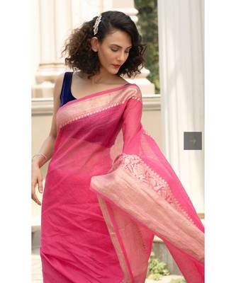 pink Banarsi Linen Saree with blouse piece 3