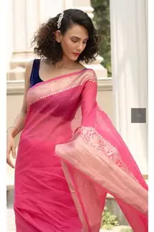 pink Banarsi Linen Saree with blouse piece