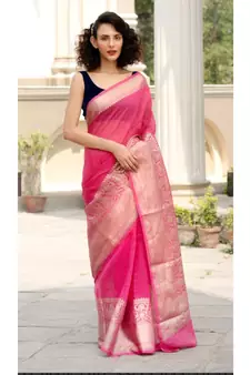 pink Banarsi Linen Saree with blouse piece