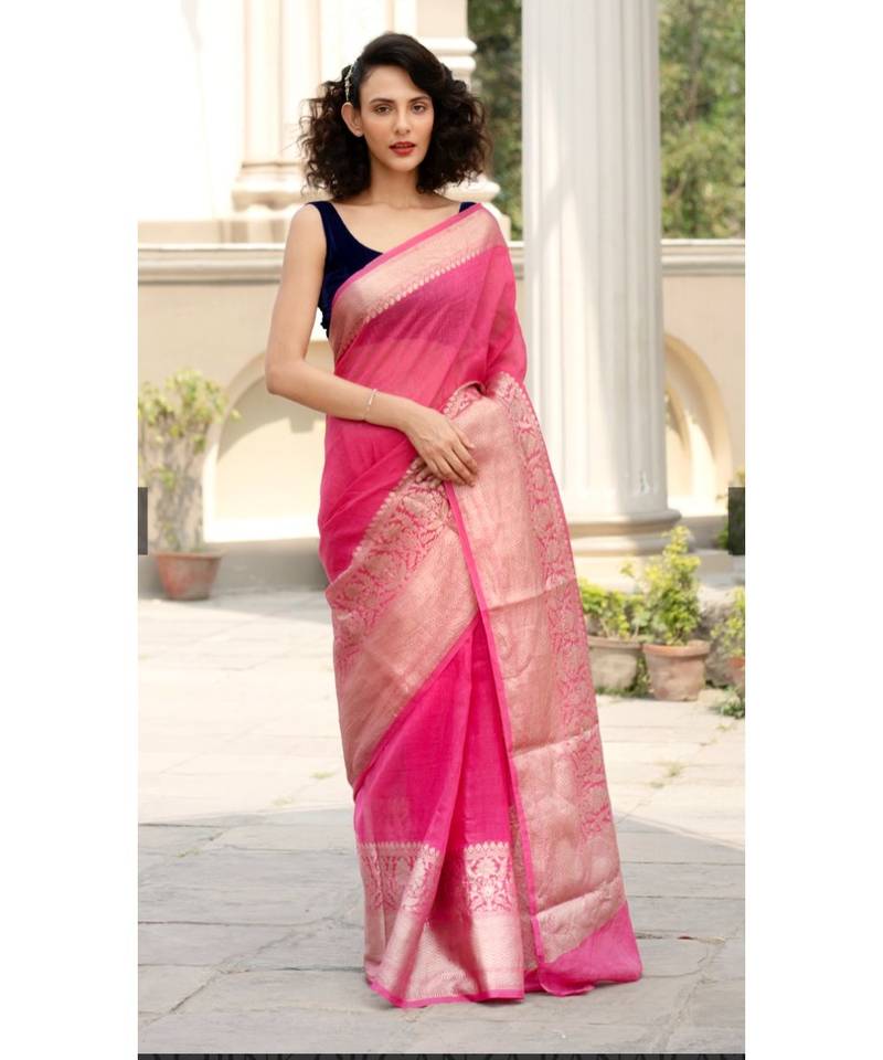 pink Banarsi Linen Saree with blouse piece