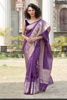 purple Banarsi Linen Saree with blouse piece