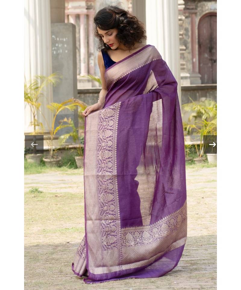 purple Banarsi Linen Saree with blouse piece
