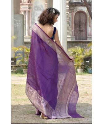 purple Banarsi Linen Saree with blouse piece 3