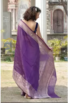 purple Banarsi Linen Saree with blouse piece
