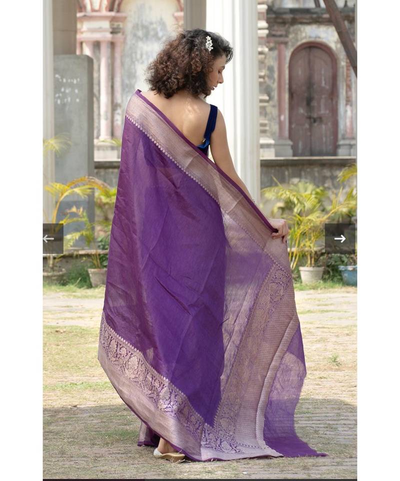 purple Banarsi Linen Saree with blouse piece