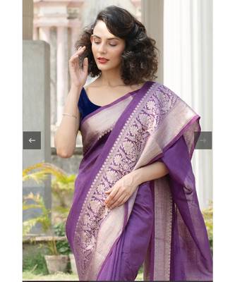 purple Banarsi Linen Saree with blouse piece 4
