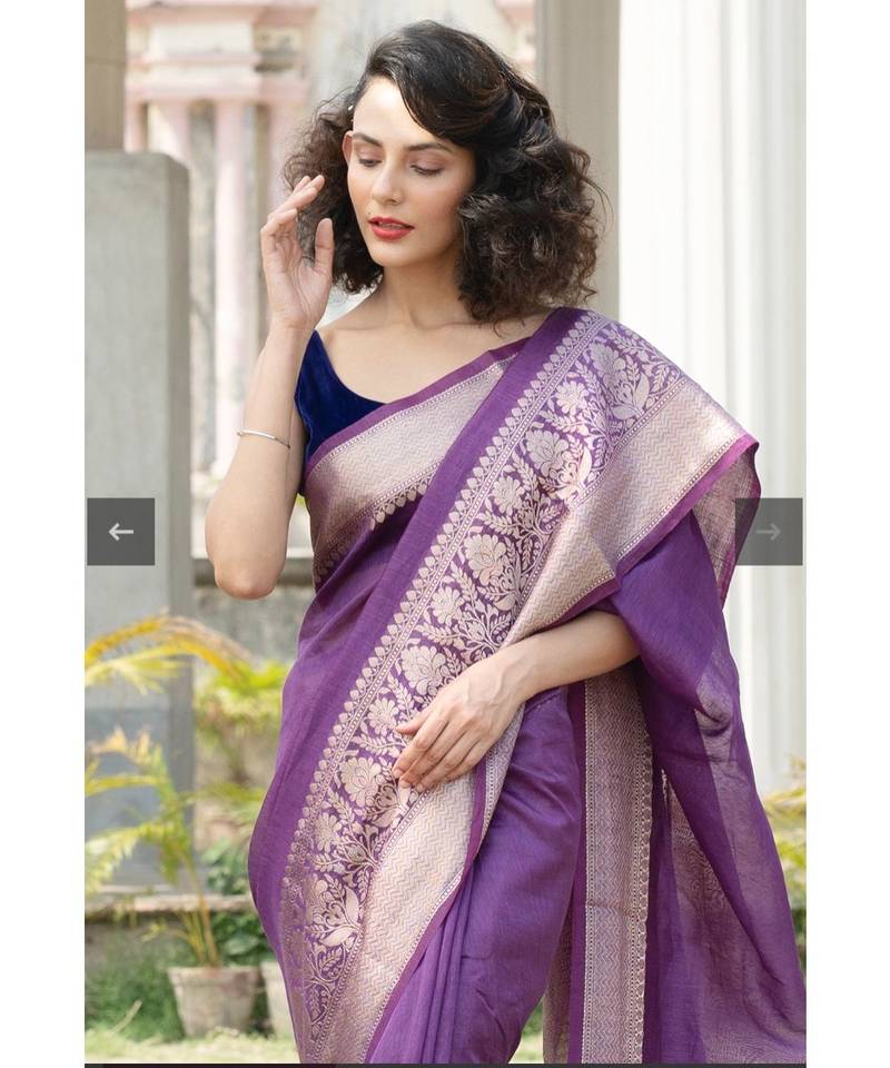 purple Banarsi Linen Saree with blouse piece
