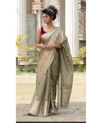 green Banarsi Linen Saree with blouse piece 1