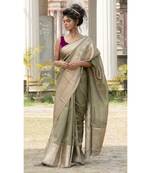 green Banarsi Linen Saree with blouse piece