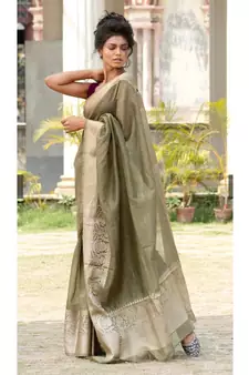 green Banarsi Linen Saree with blouse piece