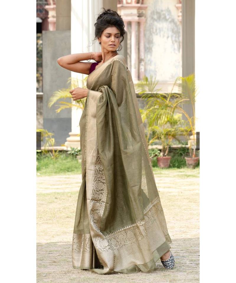 green Banarsi Linen Saree with blouse piece