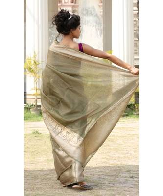 green Banarsi Linen Saree with blouse piece 3