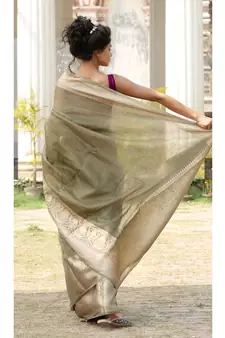 green Banarsi Linen Saree with blouse piece
