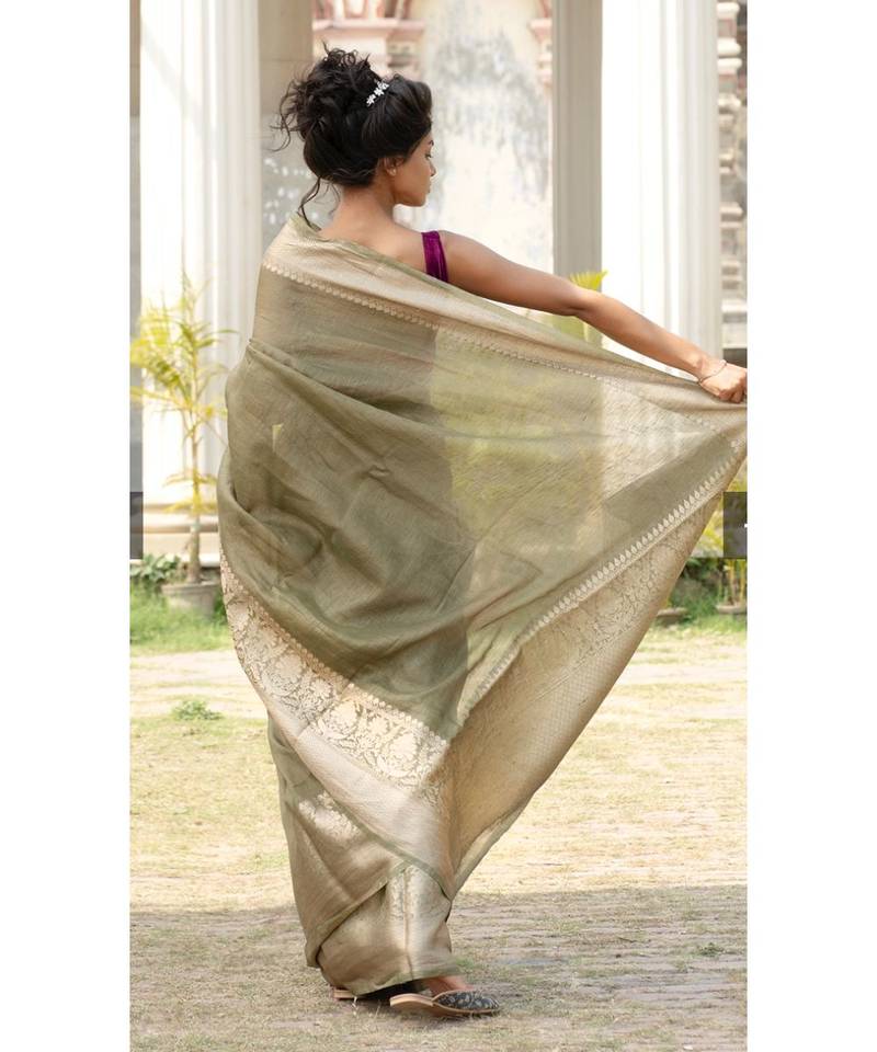 green Banarsi Linen Saree with blouse piece