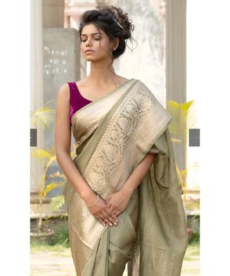 green Banarsi Linen Saree with blouse piece 4