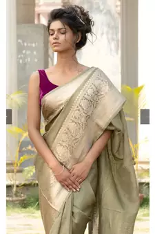 green Banarsi Linen Saree with blouse piece
