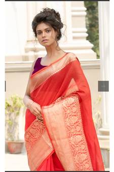 RED Banarsi Linen Saree with blouse piece